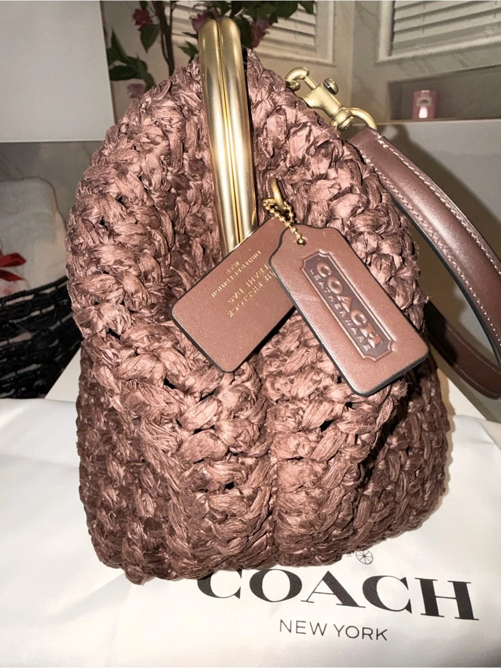 Coach Kisslock 27 Frame  Woven Straw Bag Brown NWT